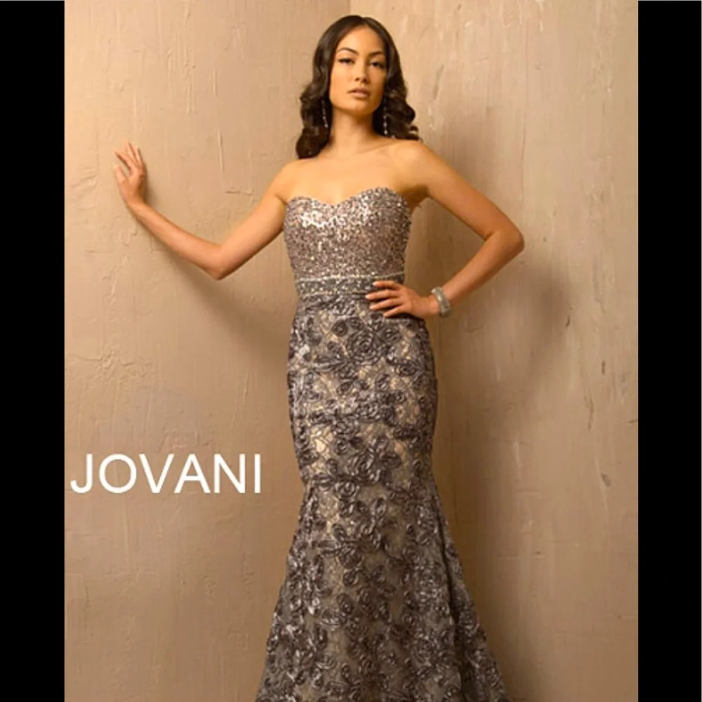 Elegant Jovani style 2184. Color is Dark Grey. Size 2. - Picture 1 of 8